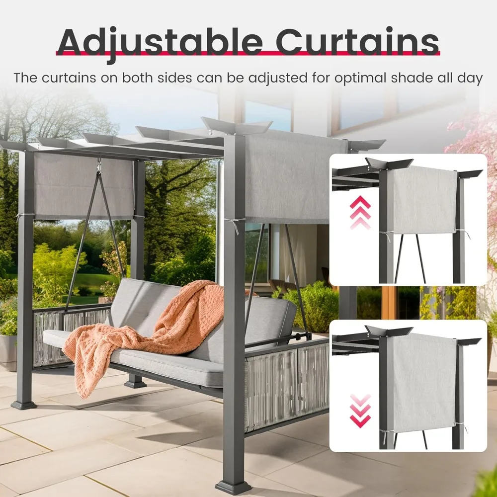 2 in 1 Design Porch Swing with Canopy,  Adjustable Curtains, Outdoor Patio Swing Chair for Garden, 3-Seat Patio Swing Bed 4