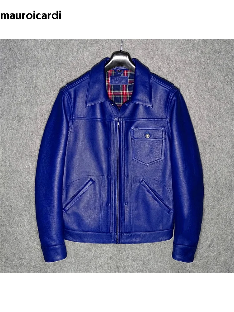 

Mauroicardi Spring Autumn Cool Blue Pu Leather Jacket Men Zipper Long Sleeve Pocket Luxury Elegant Chic Runway Fashion 2023