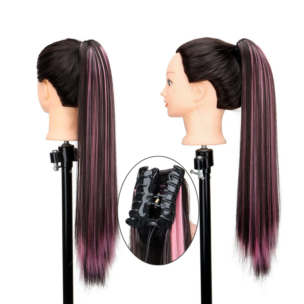 Synthetic 24Inch Long Straight Ponytail Hair Extension Claw Clip Brown Hightlights Vibrant Blue  Red Hairpiece for Women