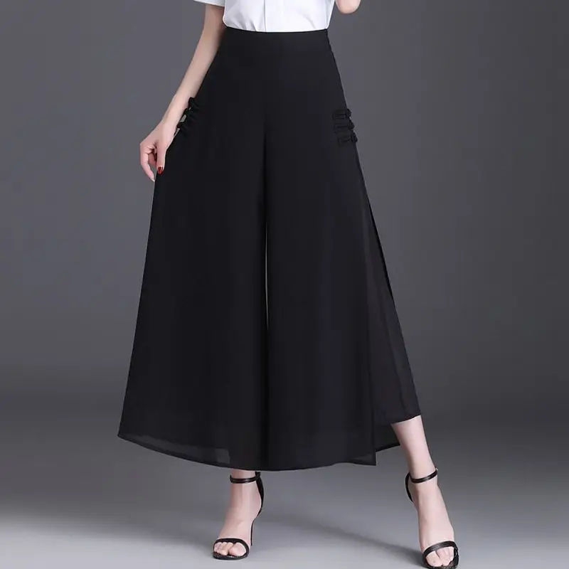 Summer Chinese Style Vintage Chiffon Wide Leg Pants Women High Waist Print Patchwork Pocket Button Straight Cropped Trousers