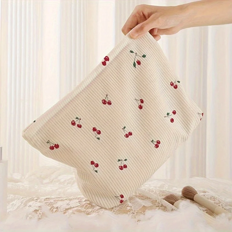 Cherry printed corduroy makeup bag, lightweight zipper makeup storage box, multifunctional bag with lining 4