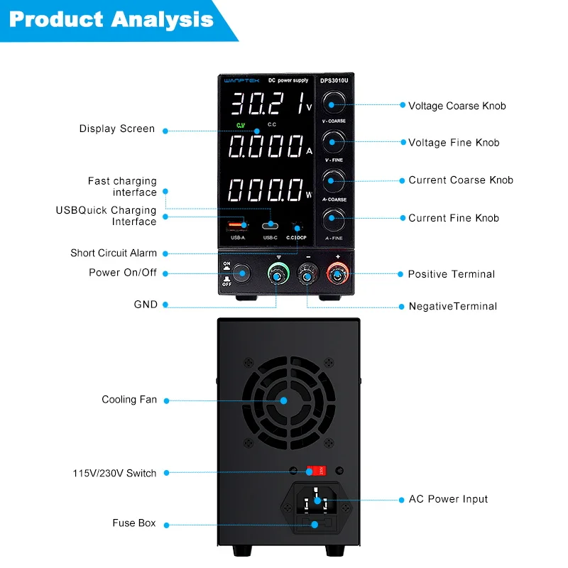 Alimentatore Da Banco Ruzizao 120V 3A - Display LCD, USB, Regolabile, Per Laboratorio