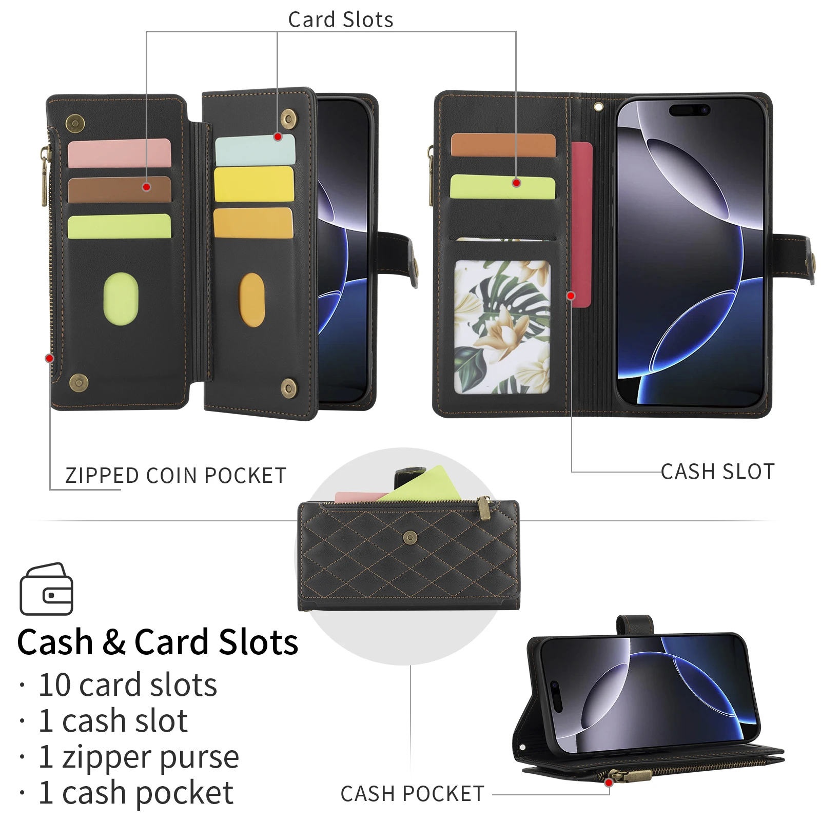 Premium Faux Leather Wallet Phone Case with Card Holder, Wrist Strap, and Zipper Coin Pocket