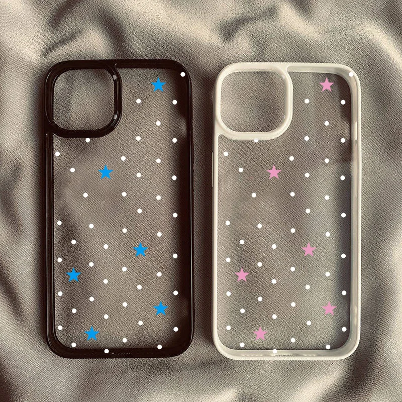 Chic Korean-Style Blue Star & White Polka Dot Phone Case