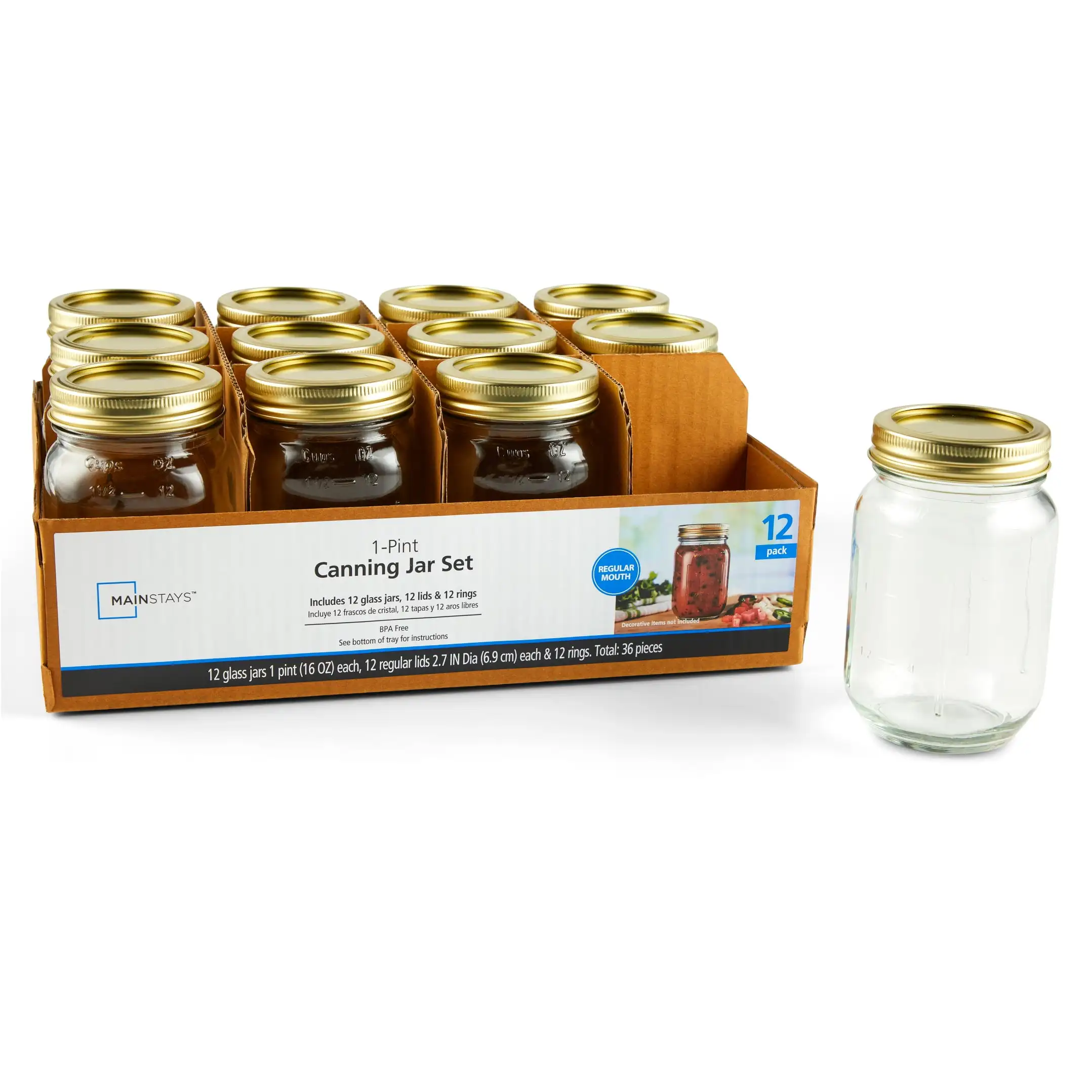 16 oz Airtight Glass Regular Mouth Canning Jars (12 Count)