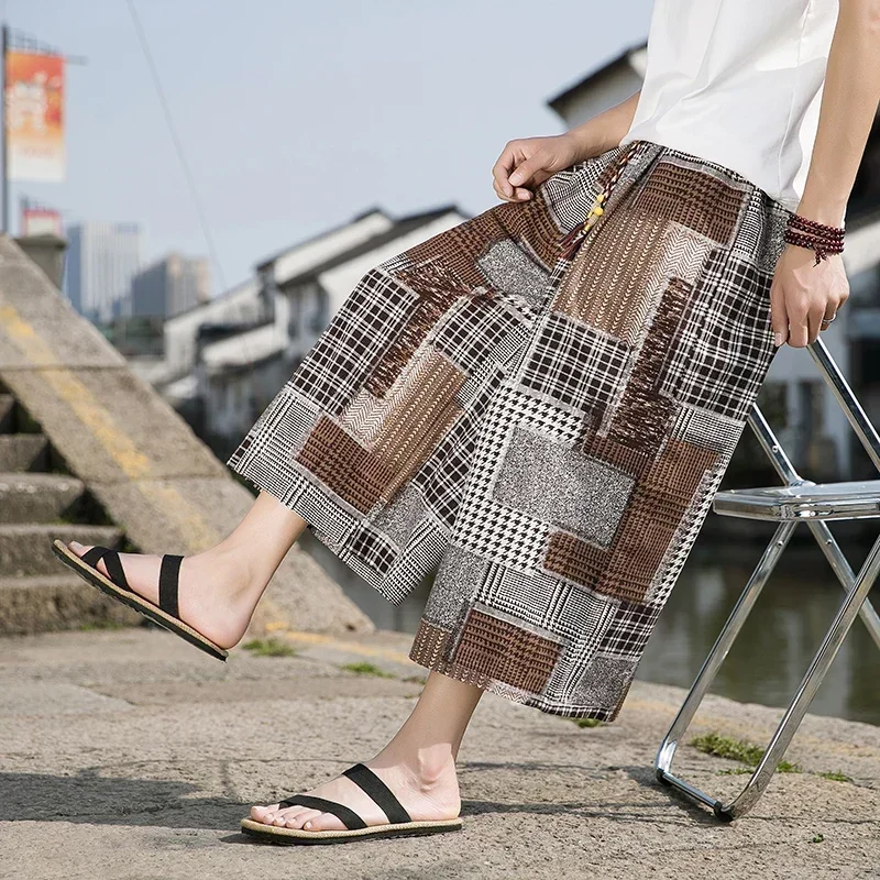 Wide Leg Pants Men's Harem Pants Pocket Jogging Plaid Casual Trousers Loose Hip Hop Harajuku Casual Ethnic