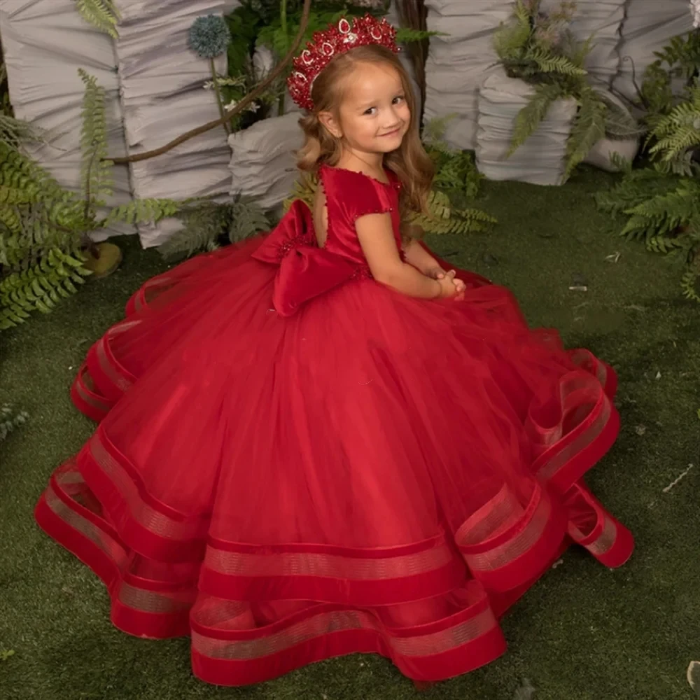 

New Ruffles Tiere Flower Girls Dresses with Detachable Train Jewel Neck Layered First Communion Dress Wedding Party Dress Child