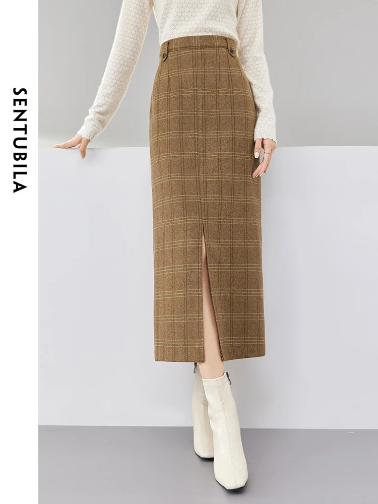 SENTUBILA Retro Plaid Khaki Woolen Midi Skirt Elegant Thick Split Straight Skirts for Women 2024 Spring Female Clothes 134Q52894 high end retro hong kong style mid length waist shrinking temperament small suit khaki women s wear checkered coat overcoat