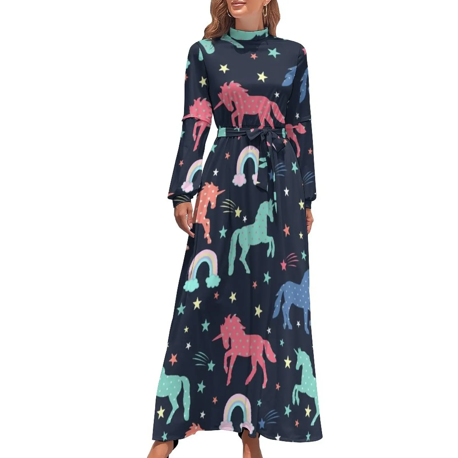

Cute Unicorn Dress High Waist Rainbows Stars Print Design Beach Dresses Long Sleeve Aesthetic Long Maxi Dress Modern Vestidos
