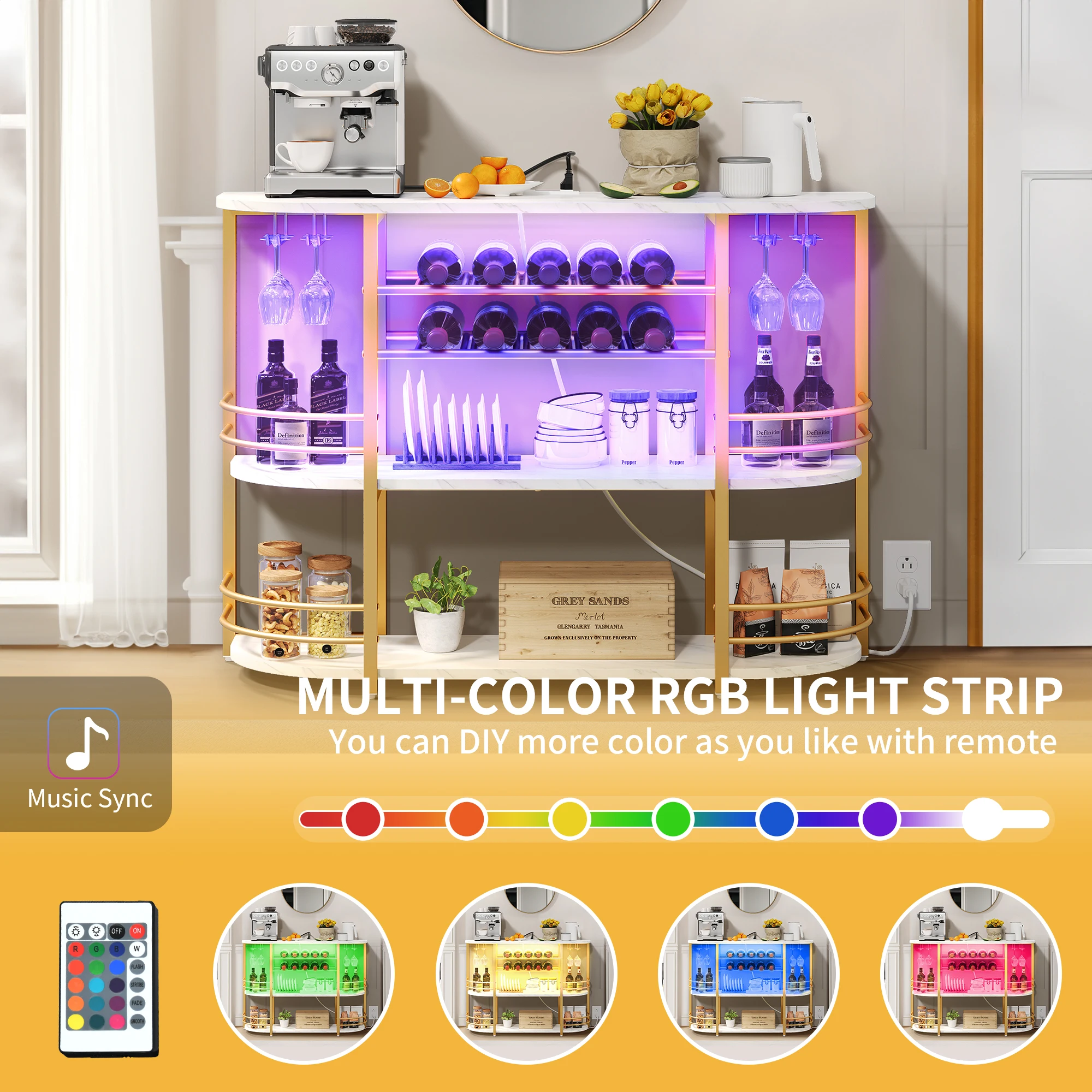 3 Tier Metal Coffee Bar Cabinet with LED Lights Wine Liquor Display Rack Holder