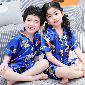 Pigiama estivo per bambini Cardigan in seta di ghiaccio Pantaloncini a maniche corte Abbigliamento per la casa in seta imitazione ampia e sottile 1