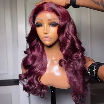 Body Wave 99J Red Burgundy Color Synthetic13X4 Lace Frontal Wig For Women Prepuck Bleach Knots Glueless Wig Daily Party Cosplay
