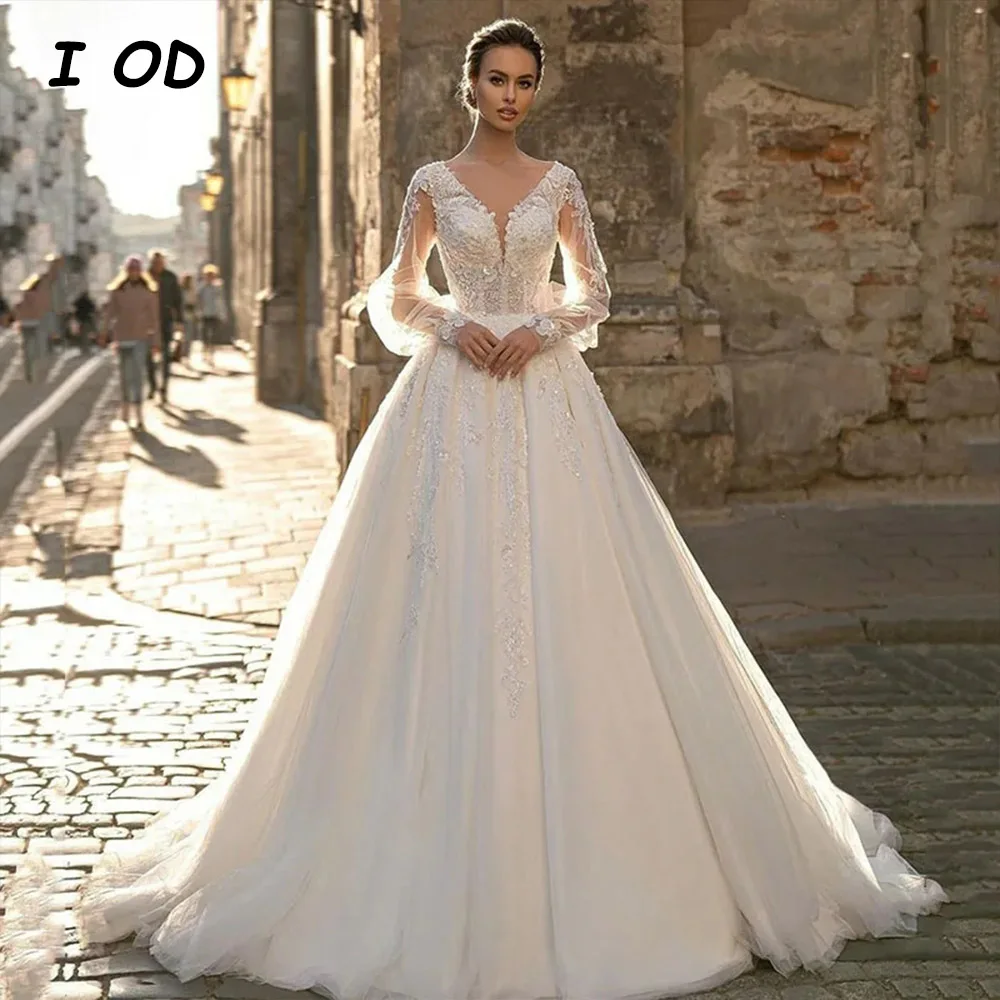 

I OD Elegant Wedding Dress V-Neck Puff Sleeves Applique Backless Floor Length Tulle Bridal Gown Vestidos De Novia Custom Made