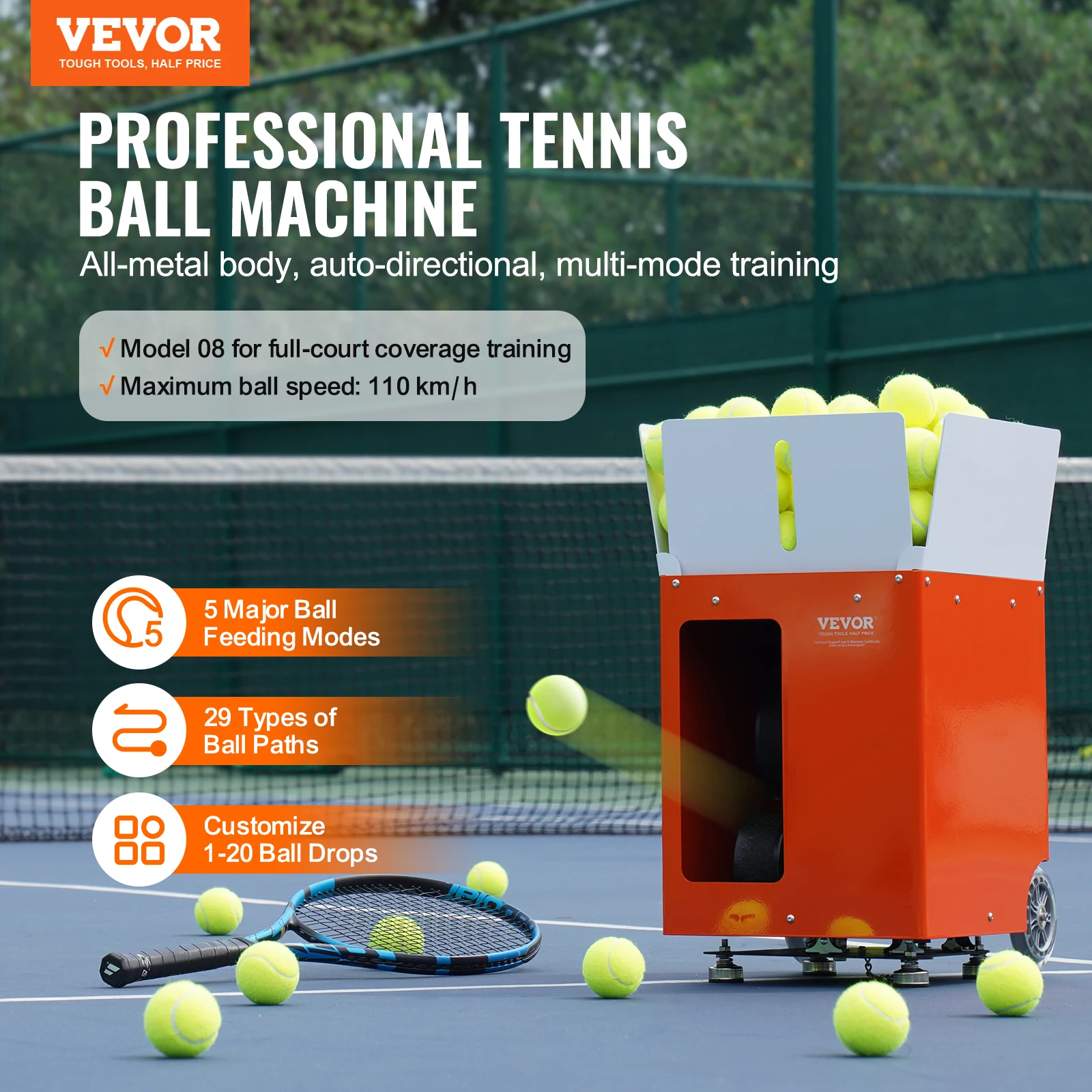 Lanceur De Balles De Tennis Automatique - Capacité 100 Balles, 20 Points D'Atterrissage, Autonomie 5h - Réglage Vitesse, Angle, Fréquence