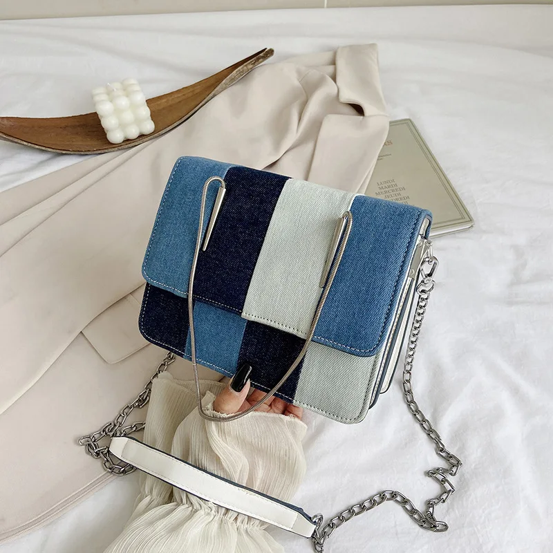 

Fashion Design Women's Denim Stitching Crossbody Bags Elegant Female Chain Purse Handbag Retro Ladies Small Square Shoulder Bags