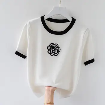 Knitted T Shirt for Women Summer Flower Embroidery Designer Luxury Clothes Slim Tops  Women's Short Fashion Short Sleeve T-shirt 1