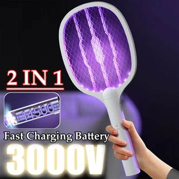 Handheld Electric Fly Swatter 3000V Bug Zapper Racket 2 in 1 Fly Swatter with USB Rechargeable Mosquito Killer Lamp Pest Control 1