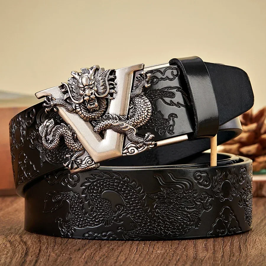 

2024 New 3.4CM Male Dragon Belt Cowhide Leather Male Carved Dragon Buckle Belt Luxury
