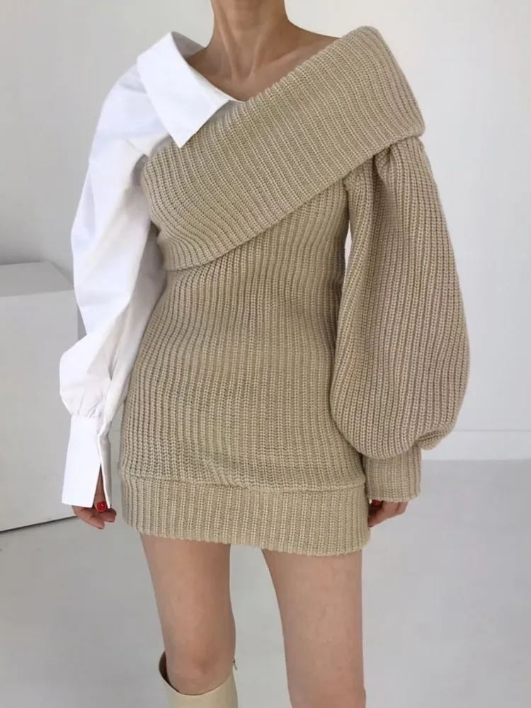 

RDMQ 2023Women's Knitted Spliced Dress Autumn Winter Korean Fashion Women Sexy Solid Color Lantern Sleeves Versatile Dresses