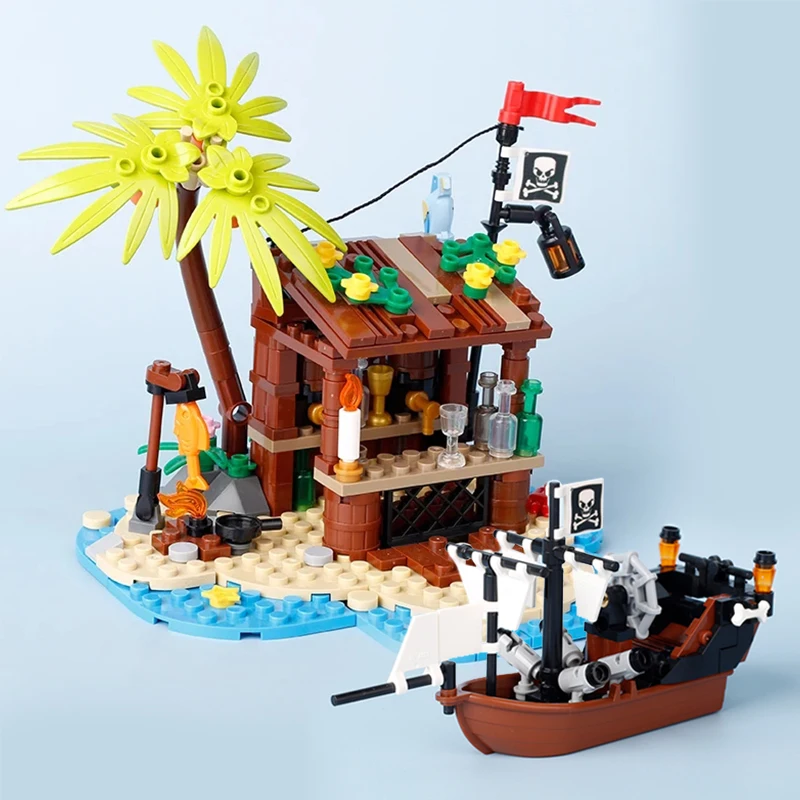 Moc Medievale Pirate Bar Modello Building Blocks Kit Pappagallo Log Cabin Island House Falò Albero Vela Barca Nave Mattoni Giocattoli Regalo