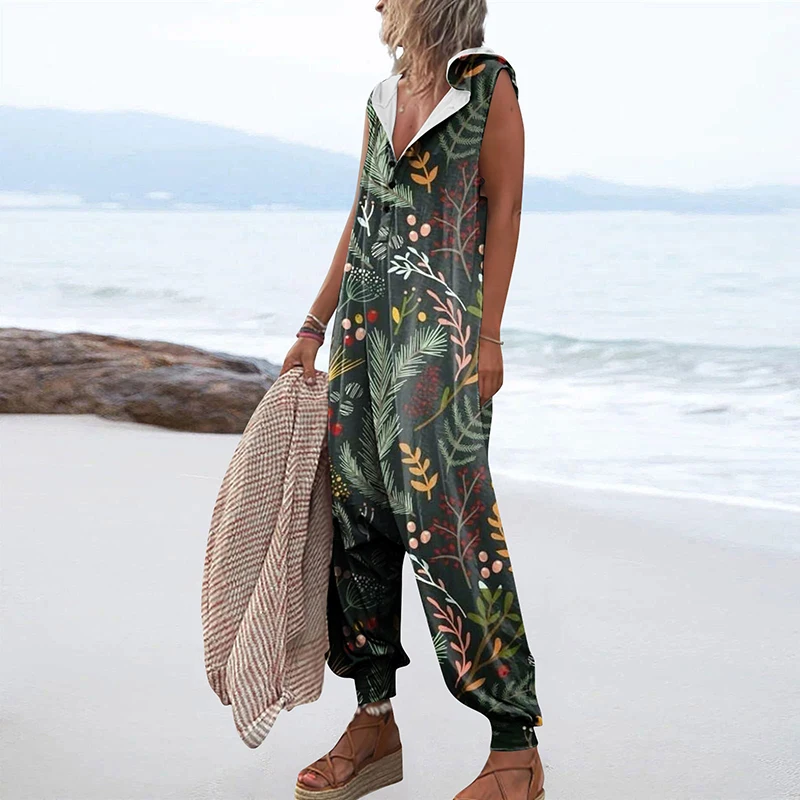 Summer Fashion Pattern Printed Baggy Pants Jumpsuits Casual Button Sleeveless Hooded Rompers Beach Loose Women Playsuit Overalls