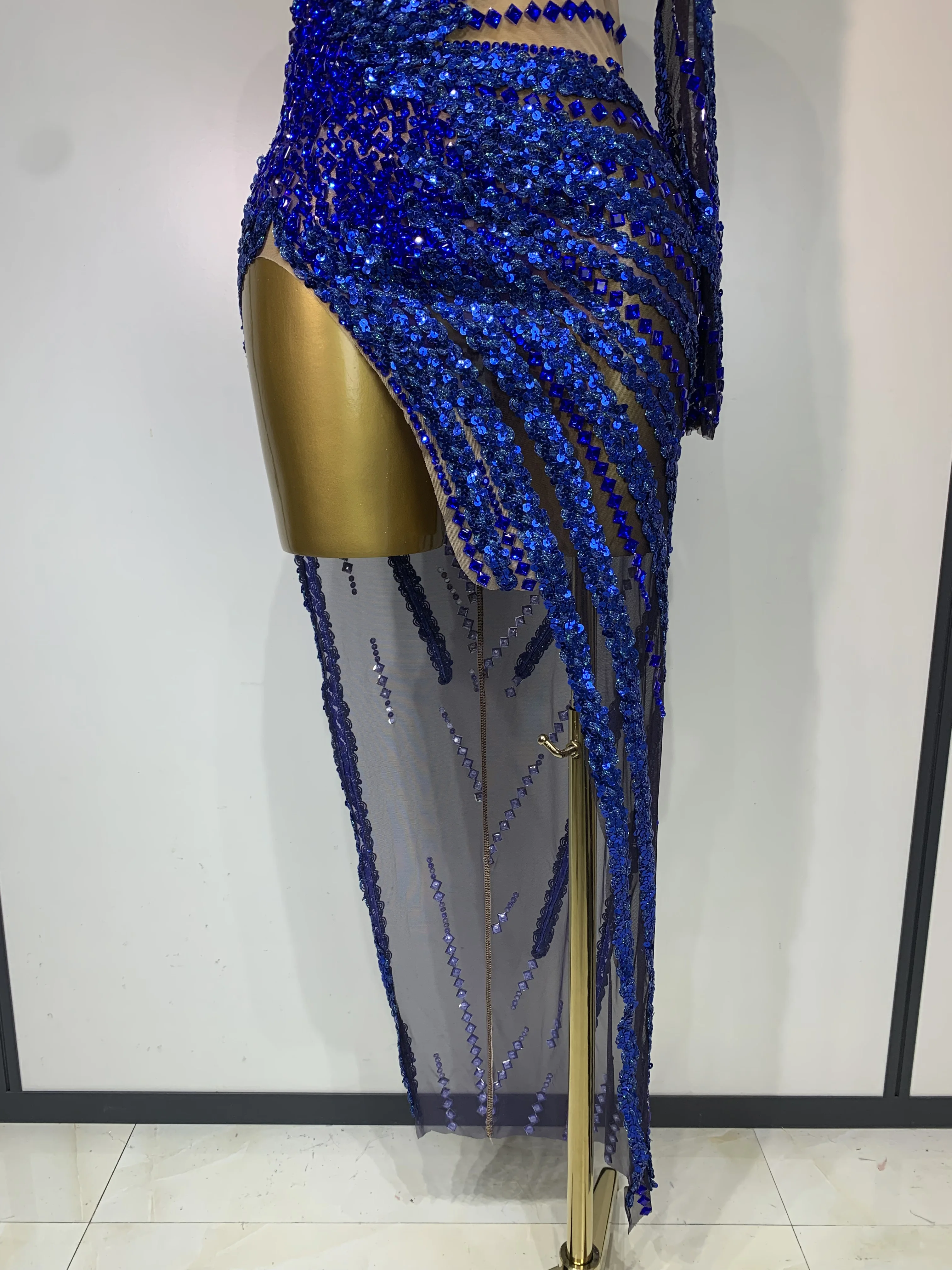 Sexy Red Mesh See Through Diamonds Sequins Dress Luxury Birthday Evening Party Costume Bar Nightclub Stage Performance Outfit