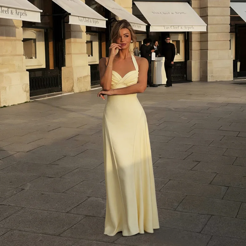 2026 Neues Elegantes Damen-Halterkleid für Hochzeitsgäste, Gelbes Ärmelloses Gerafftes Bodycon-Maxikleid, Formelles Abendkleid für Partys