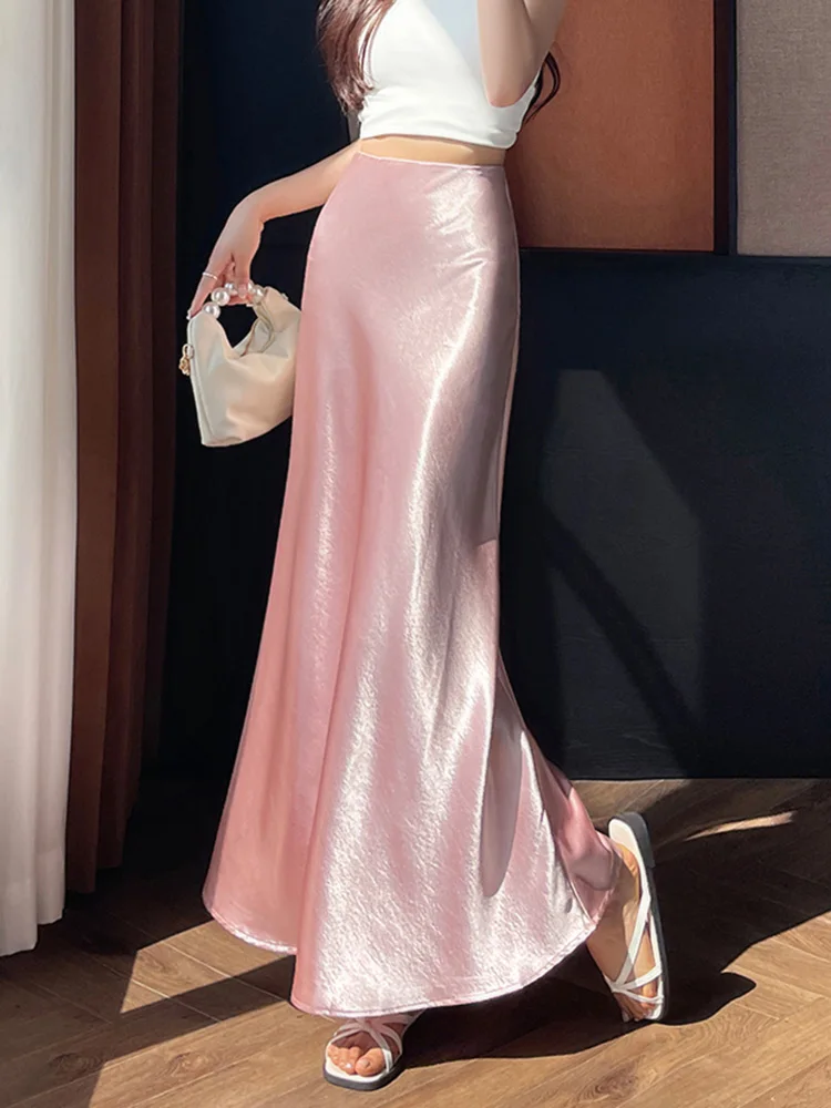 Zoki Chic Satin Elegant Long Skirt Women Casual Fashion High Waist Sweet Trumpet Skirts Slim Summer Female Korean Long Skirts 4