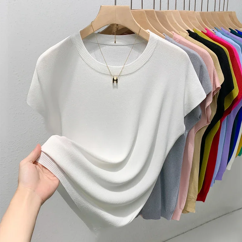 Neue Oansatz Kragen T-shirt Koreanische Eis Seide Stricken Kurzen ärmeln Slim-fit Elastische Feste Innere Bodenbildung Shirt Sexy große Brust T-shirt