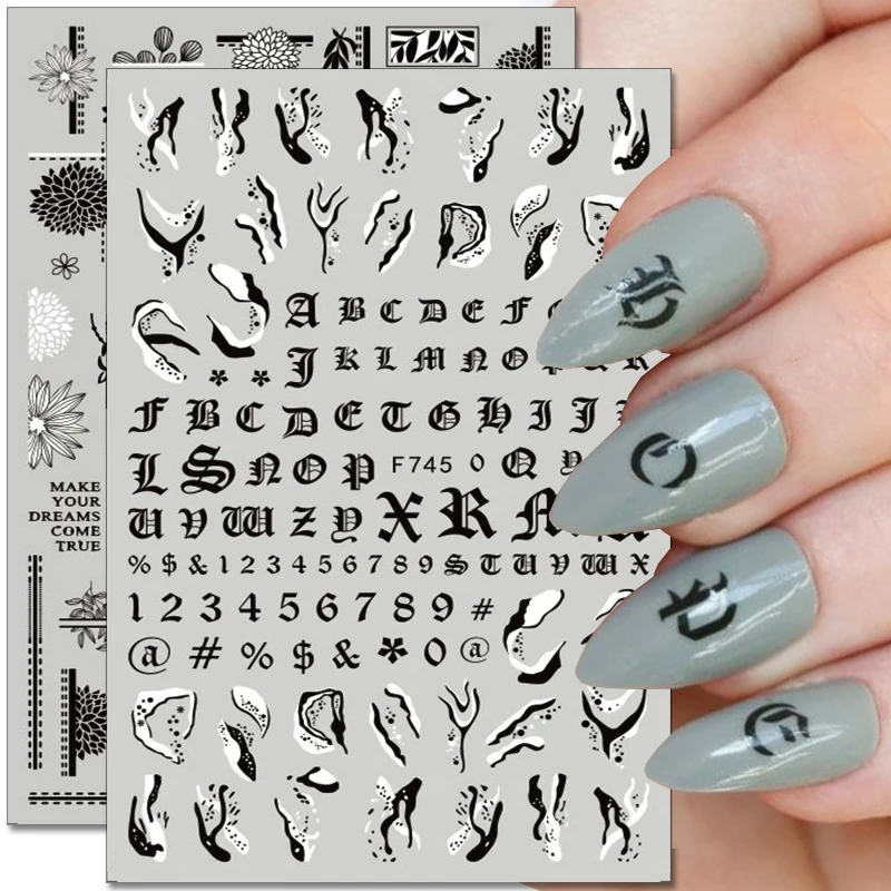 

3D English Alphabet Butterfly Nail Stickers Black White Leaf Floral Nail Decals Geometric Design Nail Art Decoration Accessories