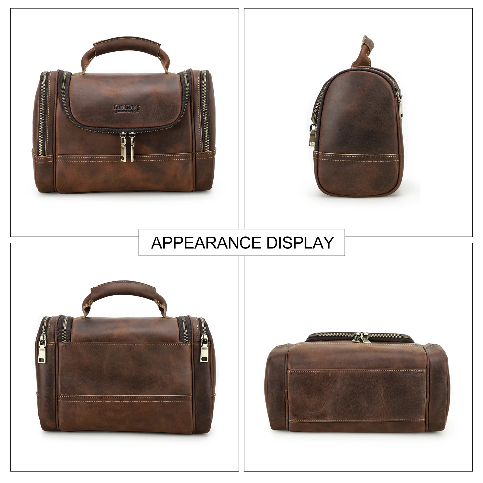 Contact's Men Business Travel Wash Toiletry Bag Crazy Horse Leather Washing Tool Storage Bag Cosmetics Handbag 4