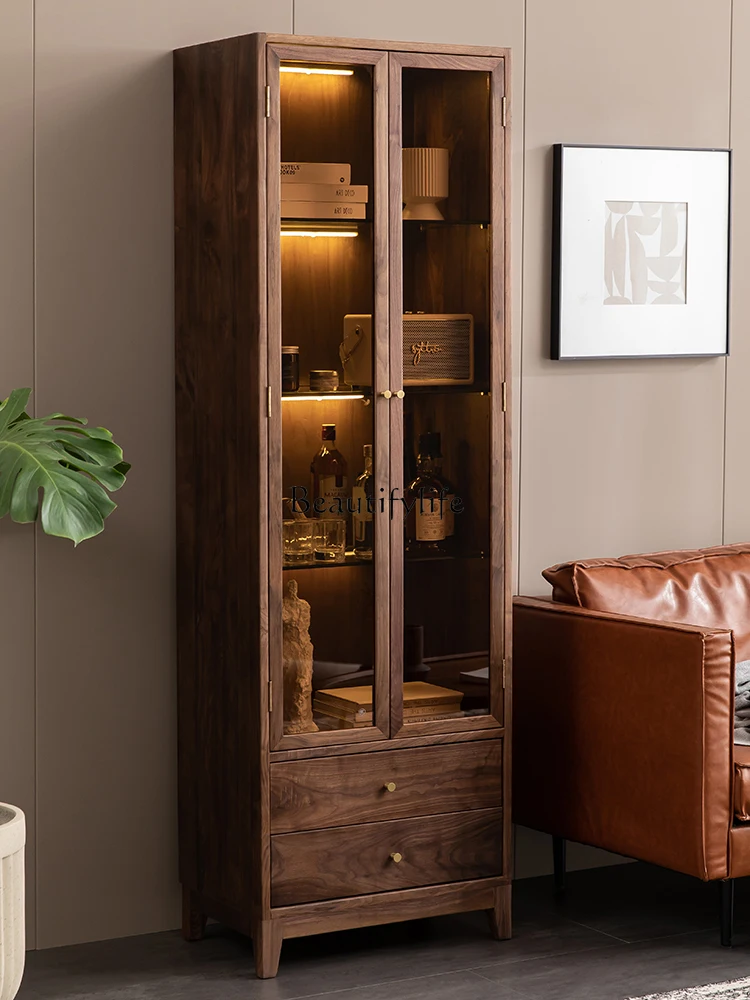 Modern Light Luxury Black Walnut Wooden Liquor Cabinet Living Room Wall Storage Locker