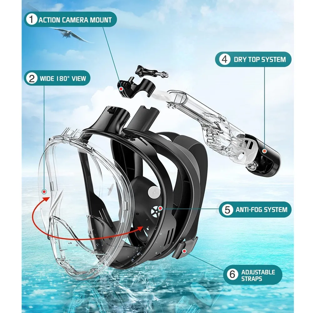 Full Face Snorkel Mask,Snorkeling Diving Mask with Detachable Camera Mount,180° Panoramic View Anti-Leak Anti-Fog for Adults