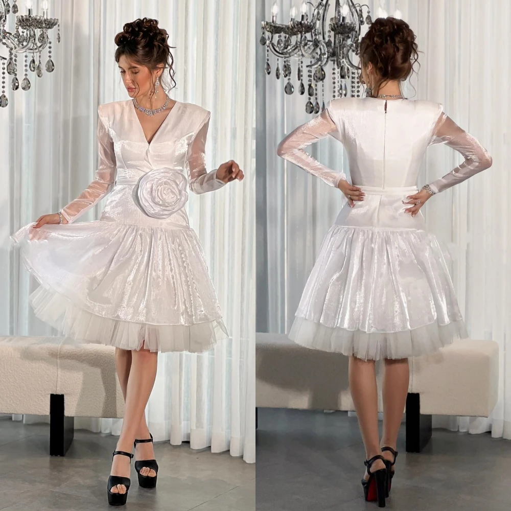 Jiayigong  Satin Flower Draped Graduation A-line V-neck Bespoke Occasion Gown Knee Length Dresses