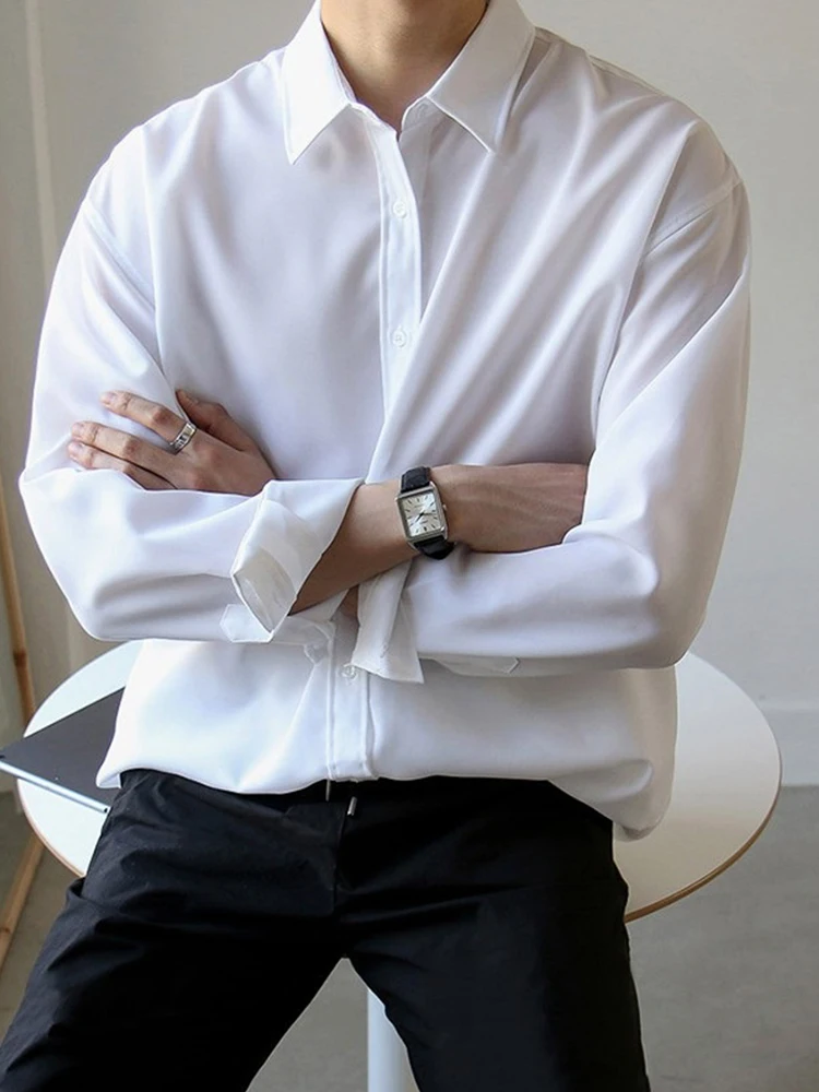 Black Casual Formal Long Sleeve Shirt for Men Spring Autumn Business Wear Iron Free White Outerwear Trendy And Handsome - 2