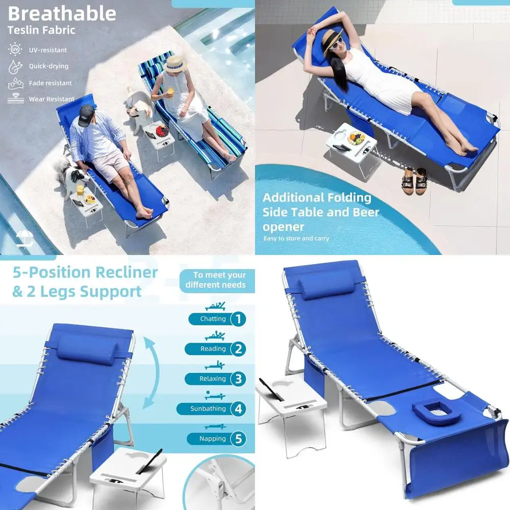 3-in-1 Adjustable Sun Lounger with Holes, Outdoor Reclining Chaise, Side Table, Pillow, Up to 330lbs, Ideal for Beach, Patio, Ca