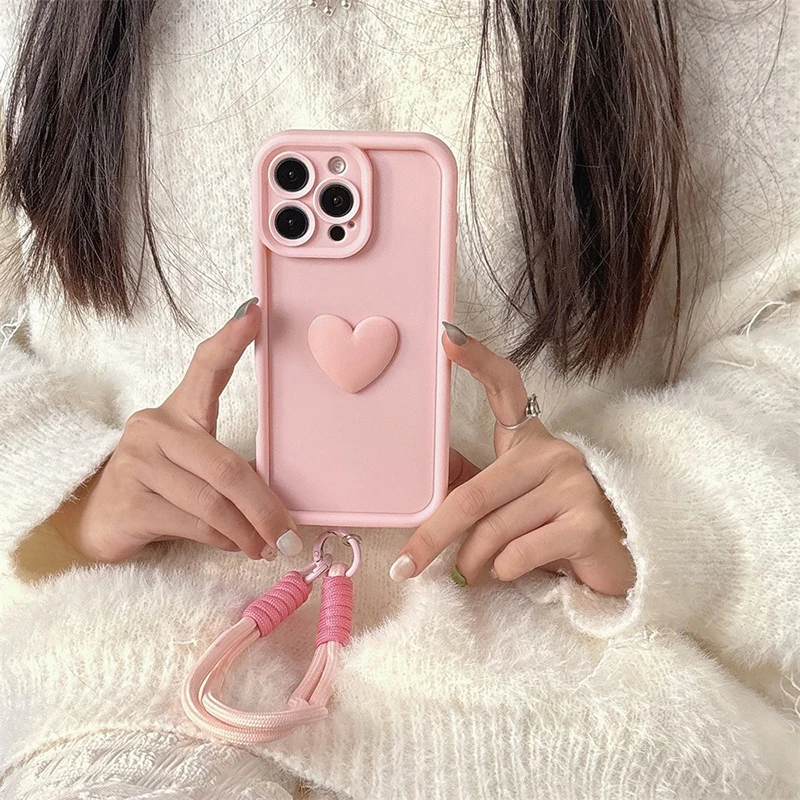 Adorable 3D Love Heart Silicone Phone Case with Lanyard Rope Cover