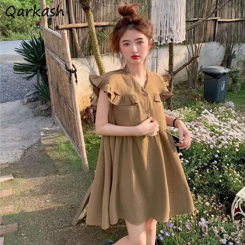 

Sleeveless Dress Women Summer Solid V-neck Ruffles Mini A-line Lovely College Ulzzang Loose Waist Tender Sweet Leisure Stylish