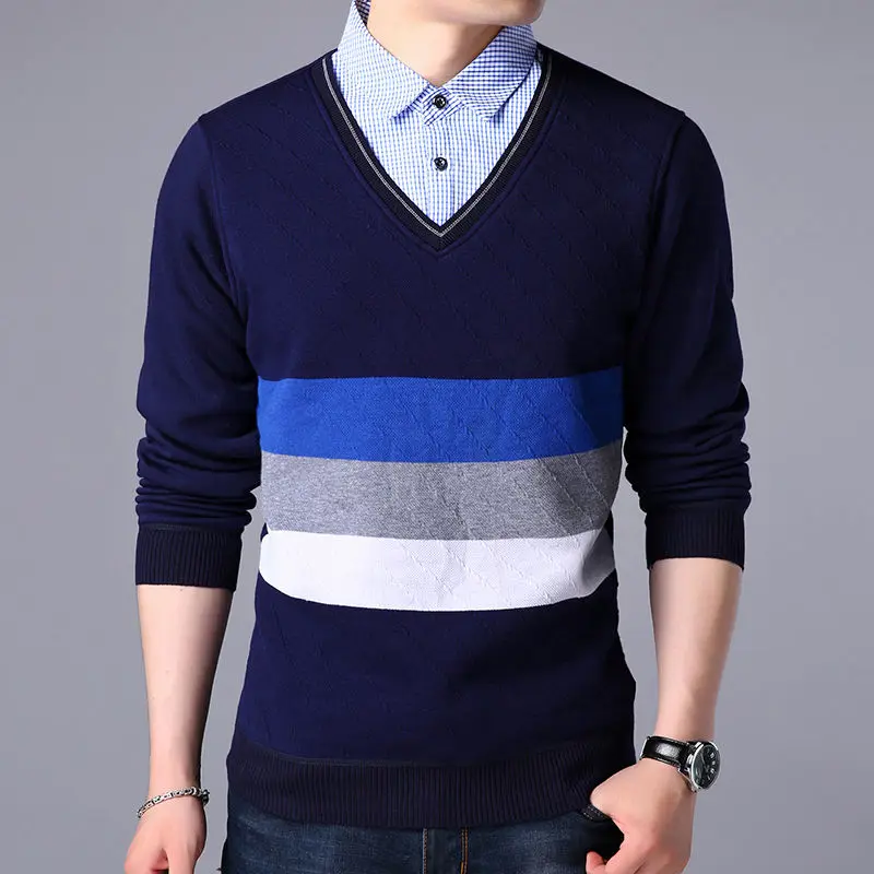 

Fashion Men Long Sleeve Knitted T-Shirt Spring Autumn New Striped Male Clothes Korean Streetwear Business Loose Casual Tops 2023