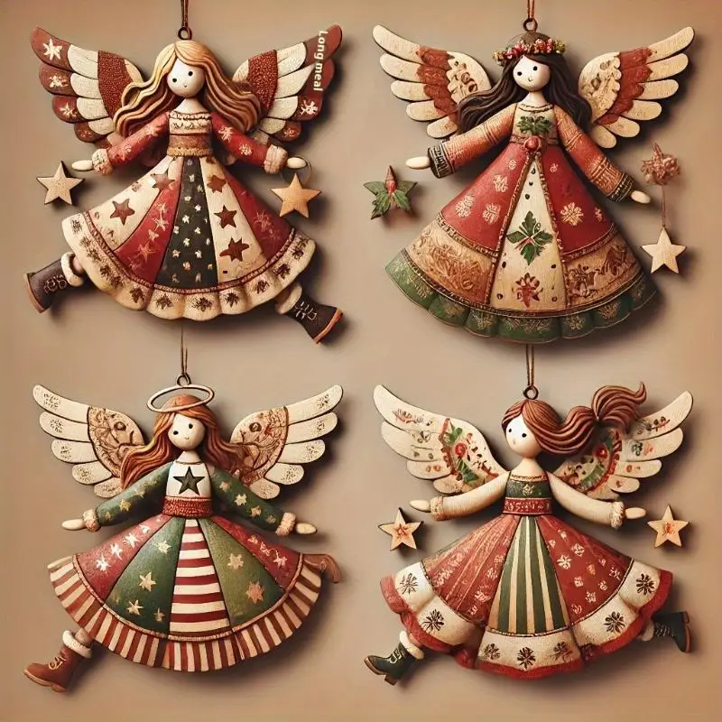 4pcs Handmade Wooden Angel Christmas Ornaments- Multi-Color Festive Decor For Tree, Home & Offic Christmas Pendant