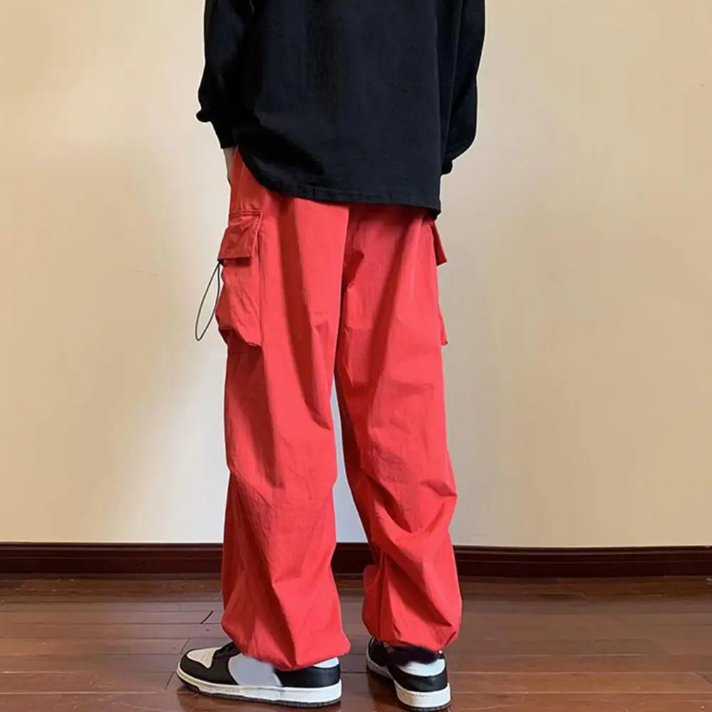 

Straight-leg Trousers Men's Elastic Waist Cargo Pants with Multi Pockets Breathable Fabric Wide Leg Design for Daily Sports