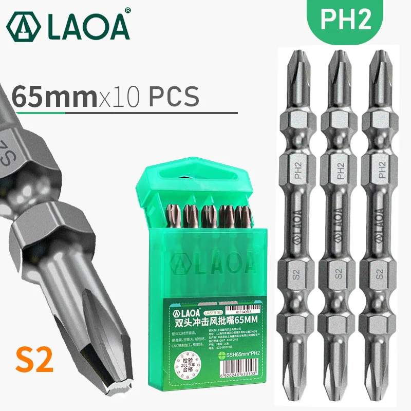 

LAOA 10pcs Phillips Bits 65mm Double Head Screwdriver Bits S2 Slotted Phillips Screwdriver PH2 Electric Drill Screwdriver Head