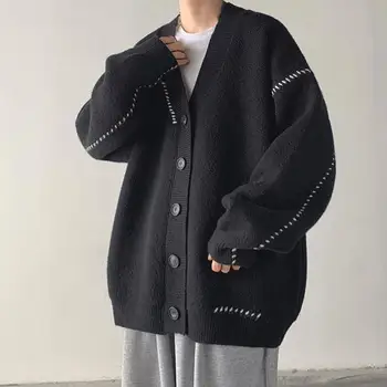 세련된 V넥 신축성 루즈 남성 스웨터 코트, 부드러운 겨울 스웨터 코트, 루즈 오버사이즈 남성 학교 가을 코트