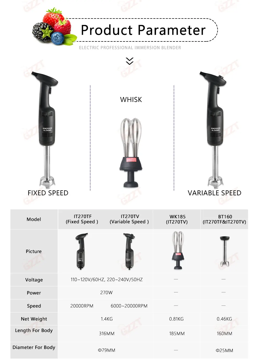 GZZT 270W Immersion Blender Handheld Blender 304 Food Grade Stainless Steel Food Mixer Optional Whisk Egg Beater 110V 220V 3