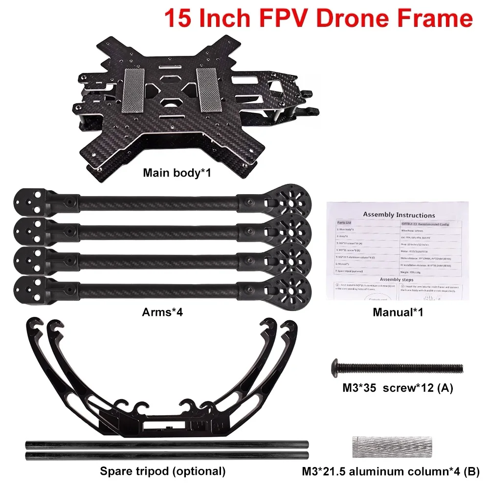 Châssis drone FPV 13 et 15 pouces avec trépied, cadre de rechange pour cinéwhoop montrant les bras et le support de caméra.