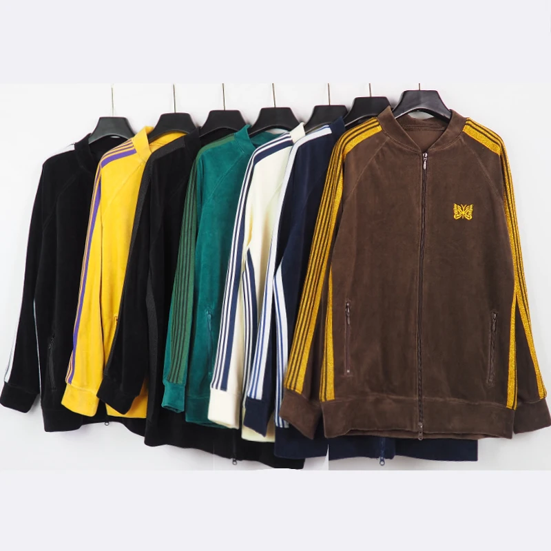 

Needles Butterfly Embroidery Velvet Zipper Coat Men's and Women's Striped Ribbon Sports Hooded Jacket Sports Pants