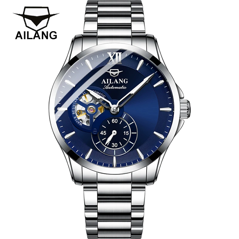 AILANG 2024 Fashion Blue Mechanical Watch For Men Stainless Steel Mens Watches Top Brand Luxury Automatic Skeleton Wristwatches_voghion.com