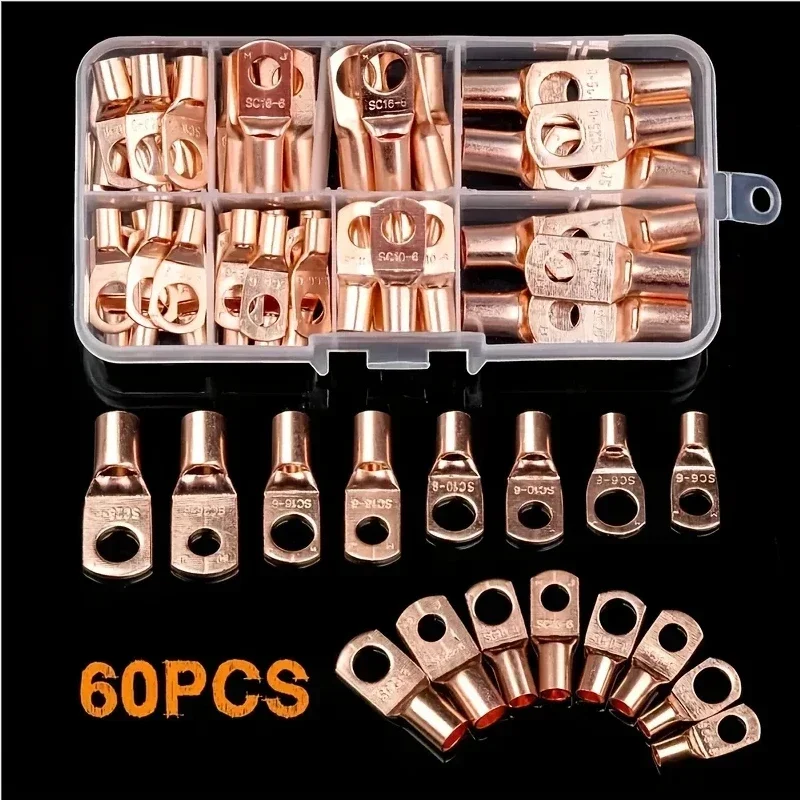 

60PCS Wire Lug Connector Ring SC6-25 Tinned Copper Connectors Bare Cable Electric Crimp Terminal Connector Kit Box