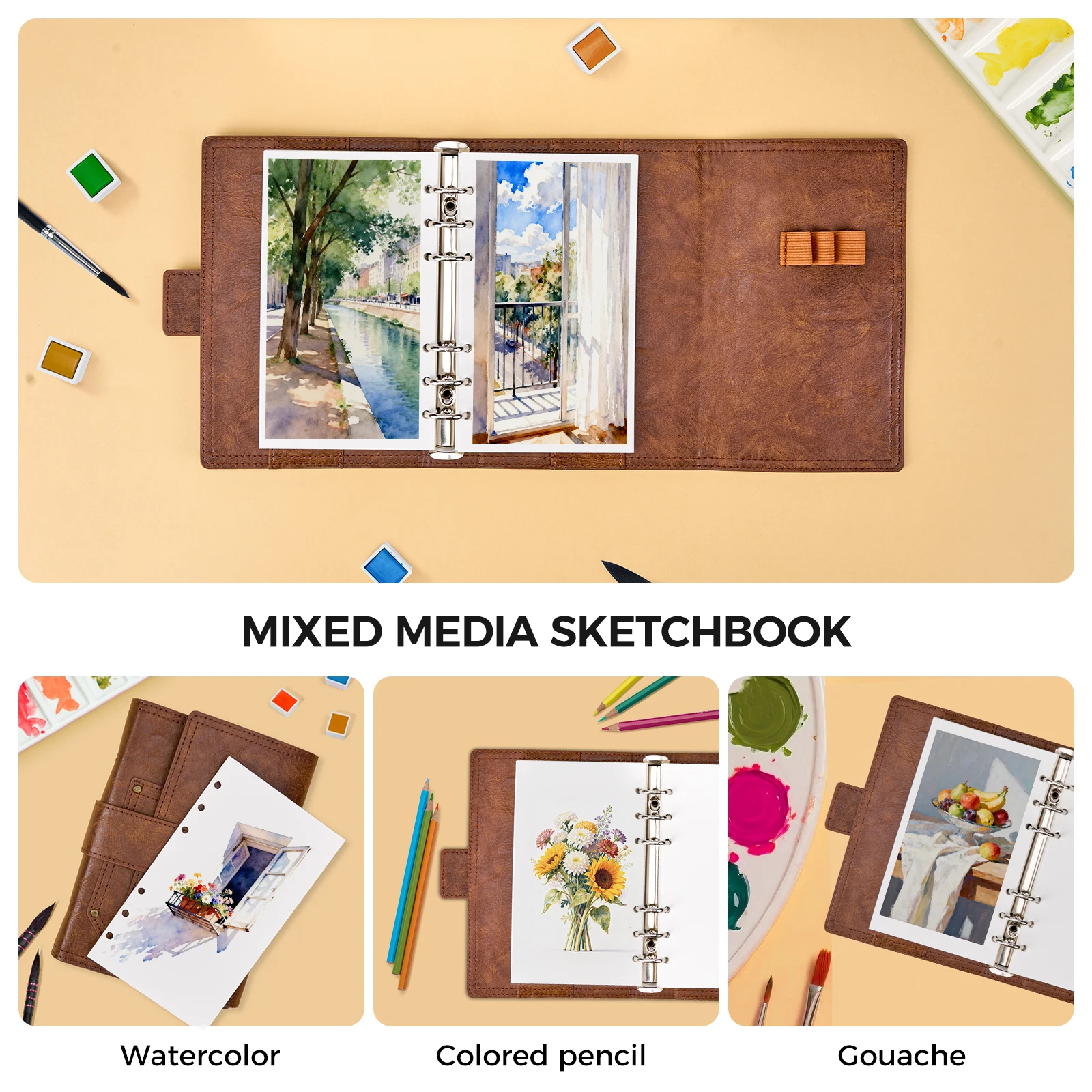 라이트위시 100% 순면 300gsm 무산성 수채화 스케치북 6.7x3.9인치 20매 리필 가능 아티스트 여행용 저널