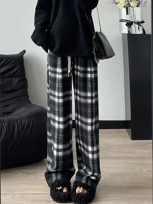 Green Woolen Plaid Pants for Women 2024 Autumn Lazy High Waisted